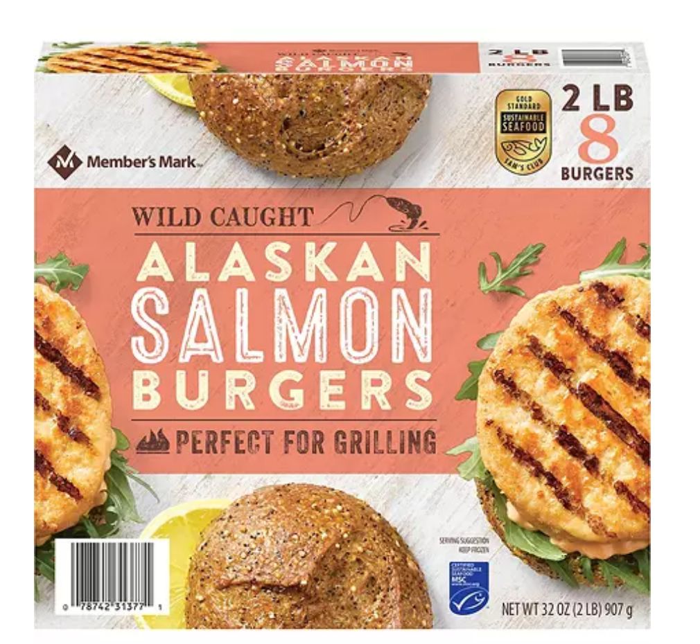 Member's Mark Wild Caught Frozen Alaskan Salmon Burgers - IlmHub Halal  Foods & Ingredients